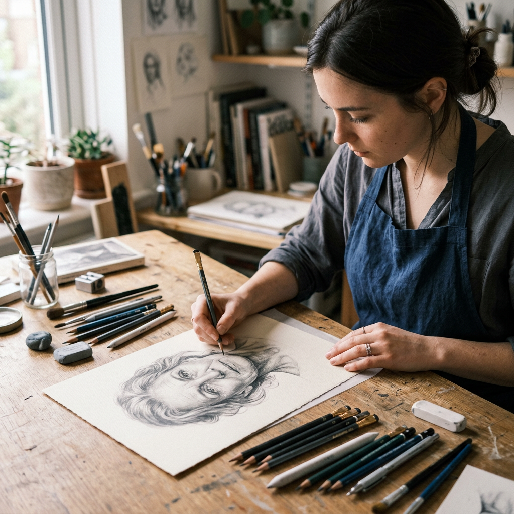 Woman drawing a detailed pencil portrait of an elderly person at a wooden table